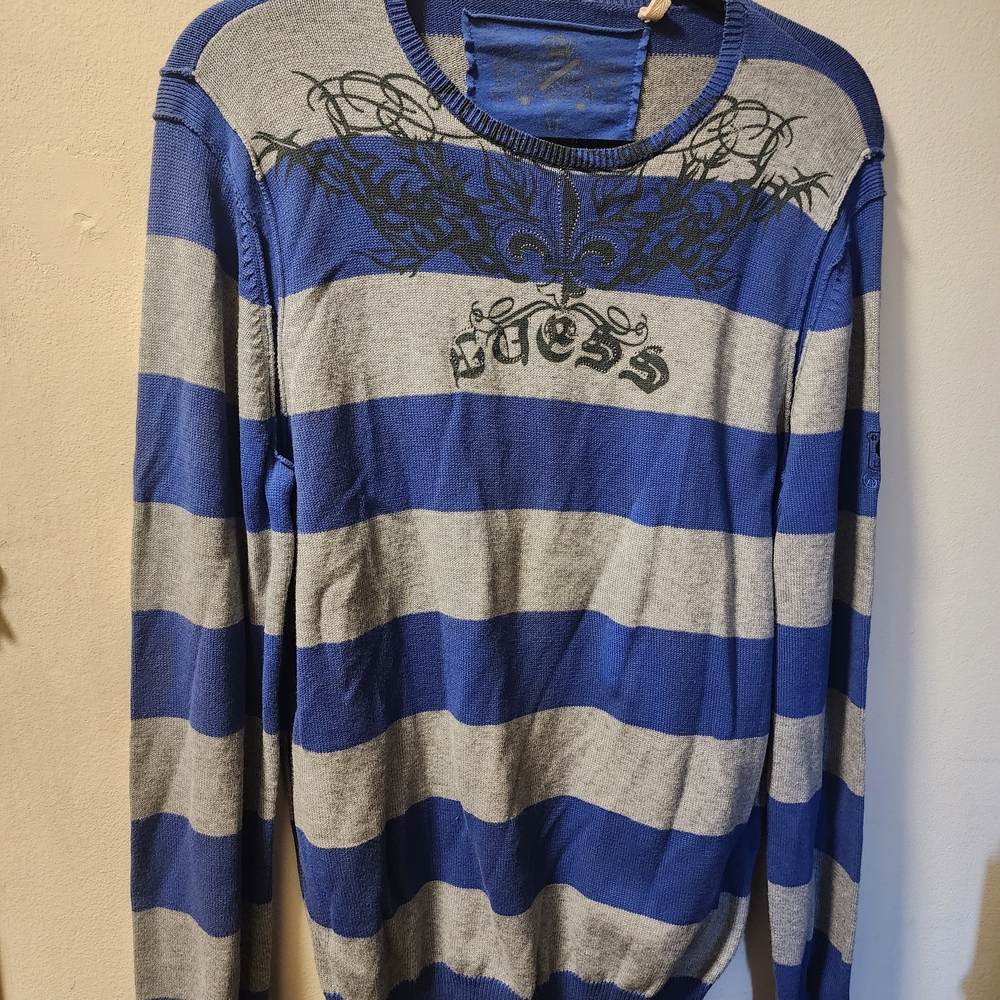 Guess Blue and Gray Striped Knit Top